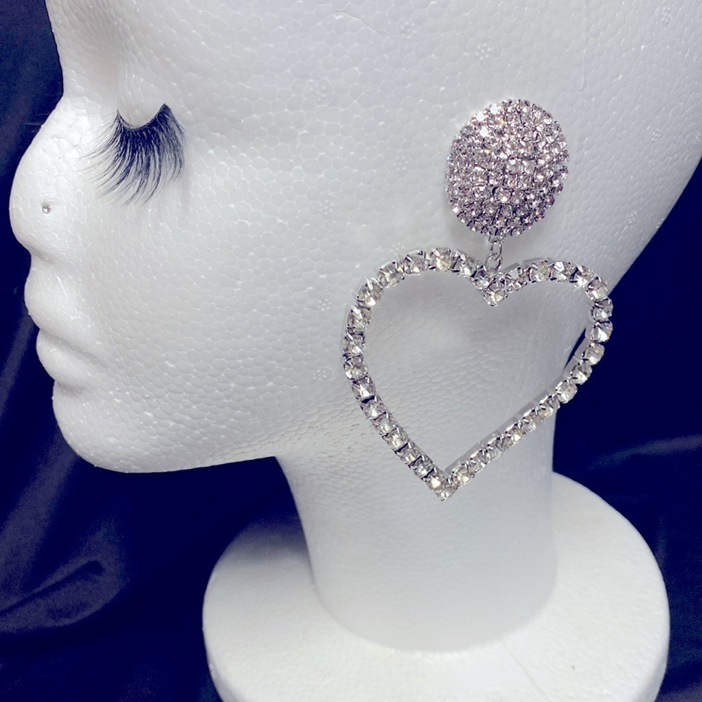 Large Heart Rhinestone Dangle Earrings Sparkly Crystal Statement Drop Dangle - Picture 1 of 7